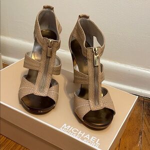 Michael Kors Taupe Textured Zip Front High Heel Sandals